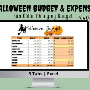 Puede incluir: Una pantalla de ordenador que muestra una hoja de cálculo de presupuesto de Halloween con categorías para disfraces, decoraciones, dulces, calabazas, comida y bebidas, accesorios y otros gastos. La hoja de cálculo tiene columnas para el presupuesto, el gasto y el sobre/debajo del presupuesto. La hoja de cálculo se titula "Presupuesto de Halloween" y tiene una bruja y calabazas en la barra de título. La hoja de cálculo está sobre un fondo verde.
