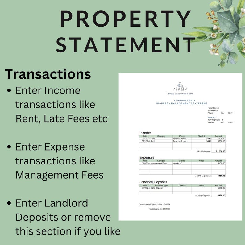 May include: A green and white property management statement template with the title "PROPERTY STATEMENT" and the heading "Transactions". The template includes sections for entering income, expenses, and landlord deposits. The template is designed for use by property managers to track income and expenses.