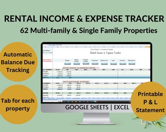 62 Multi-Family Single Family Properties Rental Income & Expense Tracker | Landlords Rental Property Spreadsheet Ledger  Google Sheets Excel