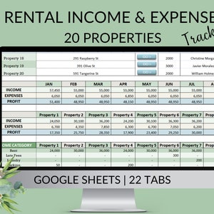 Rental Income Expense Tracker: 20 Properties, Landlord Spreadsheet (Google Sheets)