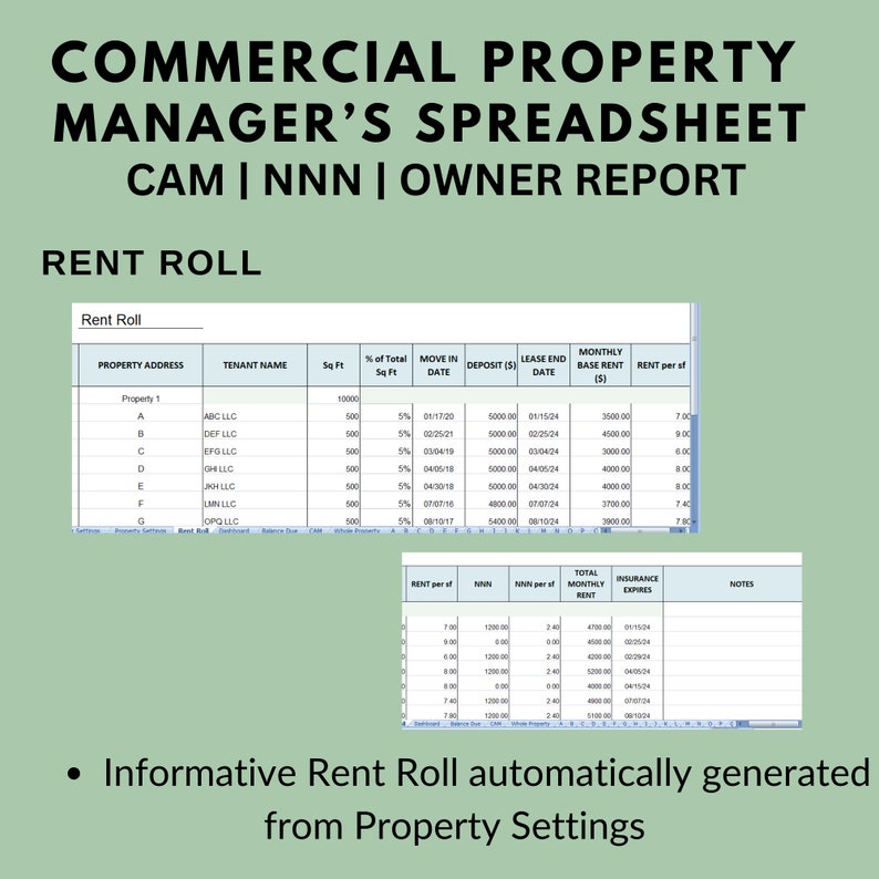 Commercial Property Manager Spreadsheet: Income, Expenses, CAM, NNN ...