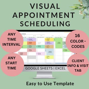 Puede incluir: Un monitor de computadora que muestra una plantilla de programación de citas visual para Google Sheets y Excel. La pantalla muestra una cuadrícula de calendario con entradas codificadas por colores. Los círculos rosas con texto resaltan características como cualquier intervalo de tiempo, cualquier hora de inicio, 16 códigos de color y una pestaña de información del cliente y visitas.