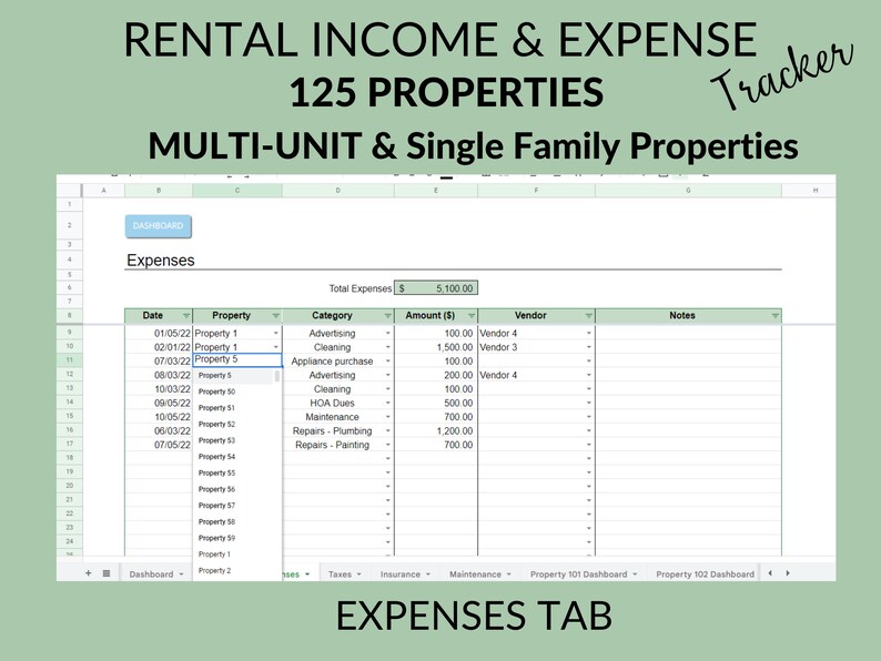 May include: A spreadsheet with a green background and the title "Rental Income & Expense Tracker 125 Properties Multi-Unit & Single Family Properties". The spreadsheet is divided into columns with headings: "Date", "Property", "Category", "Amount ($)", "Vendor", and "Notes".