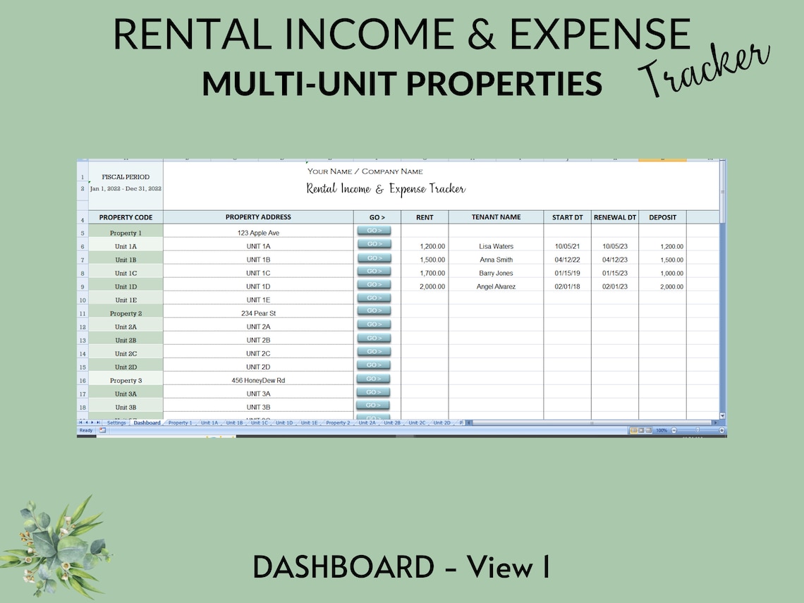 Multiunit Properties Rental & Expense Tracker Landlords Rental
