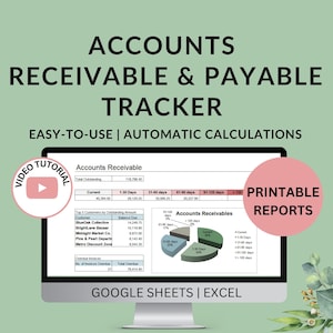 Peut inclure: Un écran d'ordinateur affichant un suivi des comptes clients et fournisseurs. L'écran montre des données financières, des graphiques et le texte "Accounts Receivable & Payable Tracker". Le texte supplémentaire comprend "Easy-to-Use | Automatic Calculations" et "Printable Reports."
