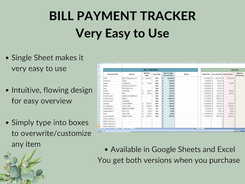 Monthly Bill Payment Tracker: Google Sheets & Excel Template - Etsy