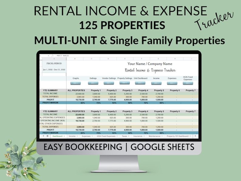 May include: A computer screen displaying a Google Sheets spreadsheet for tracking rental income and expenses. The spreadsheet is titled "Rental Income & Expense Tracker" and includes columns for "Total Income", "Total Expenses", "Profit", and "Profit Margin". The spreadsheet also includes a section for "Property Settings", "Unit Dashboard", "Income", "Expenses", and "HOA Fixed Expenses".