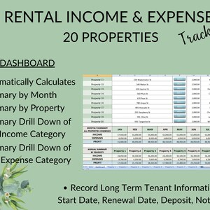 Pode incluir: Um gr&aacute;fico ilustrado verde e branco com o texto "Rental Income & Expense Tracker" e "20 Properties" em texto preto. O gr&aacute;fico tamb&eacute;m inclui uma lista de recursos, como "Calcula automaticamente", "Resumo por m&ecirc;s", "Resumo por propriedade", "Resumo detalhado de cada categoria de renda" e "Resumo detalhado de cada categoria de despesa". O gr&aacute;fico tamb&eacute;m inclui o texto "Registrar informa&ccedil;&otilde;es de inquilinos de longo prazo Data de in&iacute;cio, data de renova&ccedil;&atilde;o, dep&oacute;sito, notas".