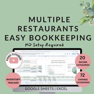 Multiple Restaurant Bookkeeping: Income, Expenses, Inventory Tracker- Excel Google Sheets