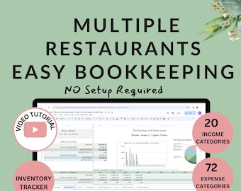 Multiple Restaurant Bookkeeping: Income, Expenses, Inventory Tracker- Excel Google Sheets