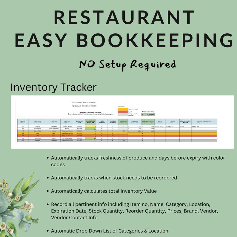 Easy Bookkeeping for Restaurant Bistro Bar Cafe Income Expenses and Inventory Tracker Profit & Loss Balance Sheet Excel Google Sheets image 8