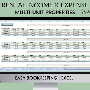 K&ouml;nnte beinhalten: Ein Computerbildschirm zeigt eine Tabellenkalkulation mit dem Titel "Rental Income & Expense Multi-Unit Properties Tracker". Die Tabellenkalkulation zeigt ein Dashboard mit einer Zusammenfassung aller Einheiten in Immobilie 1, einschlie&szlig;lich Einnahmen, Ausgaben und Gewinn f&uuml;r jeden Monat des Jahres. Die Tabellenkalkulation zeigt auch einzelne Einheitenaufschl&uuml;sselungen f&uuml;r die Einheiten 1A, 1B und 1C.