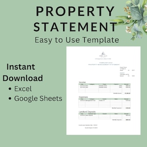 May include: A printable property management statement template for February 2024. The template includes sections for income, expenses, and landlord deposits. The template is easy to use and can be downloaded in Excel or Google Sheets format.