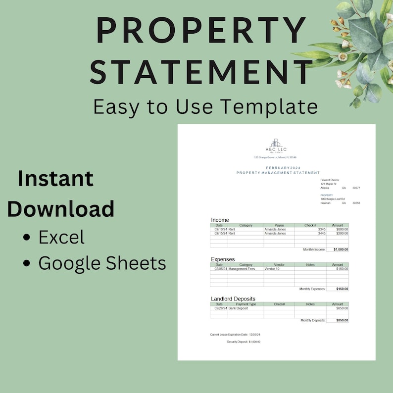 May include: A printable property management statement template for February 2024. The template includes sections for income, expenses, and landlord deposits. The template is easy to use and can be downloaded in Excel or Google Sheets format.