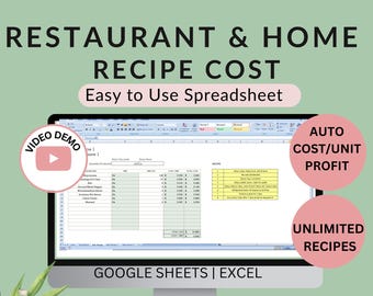 Recipe Cost Calculator for Restaurant & Food | Main and Sub Recipes Costing, Profit Margin | Easy Spreadsheet Template Excel Google Sheets