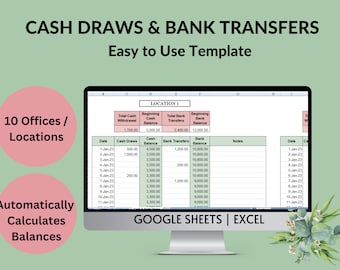 Cash Draws & Bank Transfers Spreadsheet | multiple office locations | Cash and Bank balance reconciliation | Google Sheets Excel Template