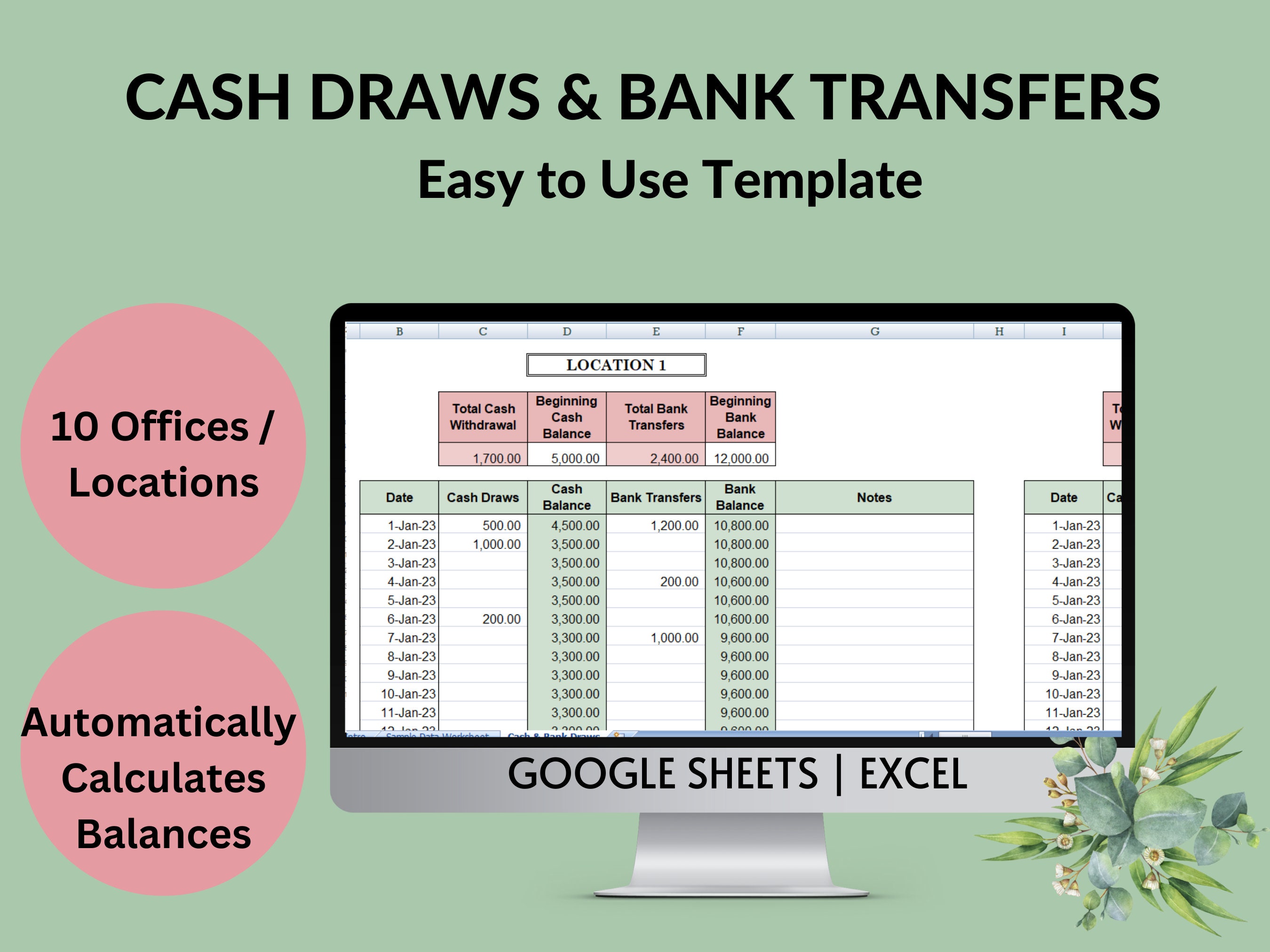 Cash Draws & Bank Transfers Spreadsheet | multiple office locations | Cash and Bank balance reconciliation | Google Sheets Excel Template