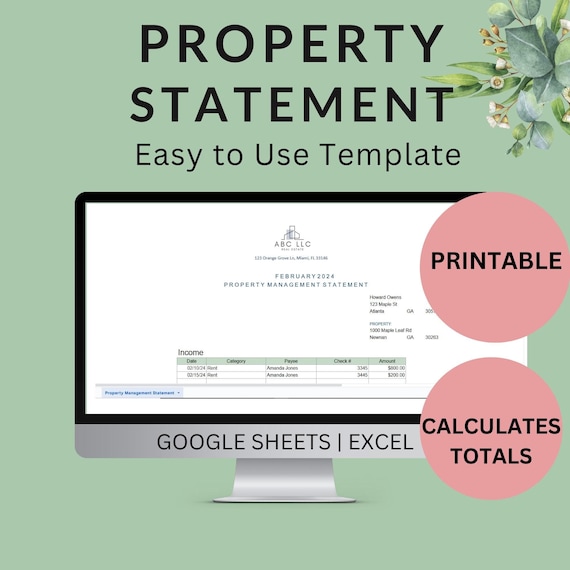 Property Management Statement Template - Income Expenses Deposits Payouts: Excel & Google Sheets