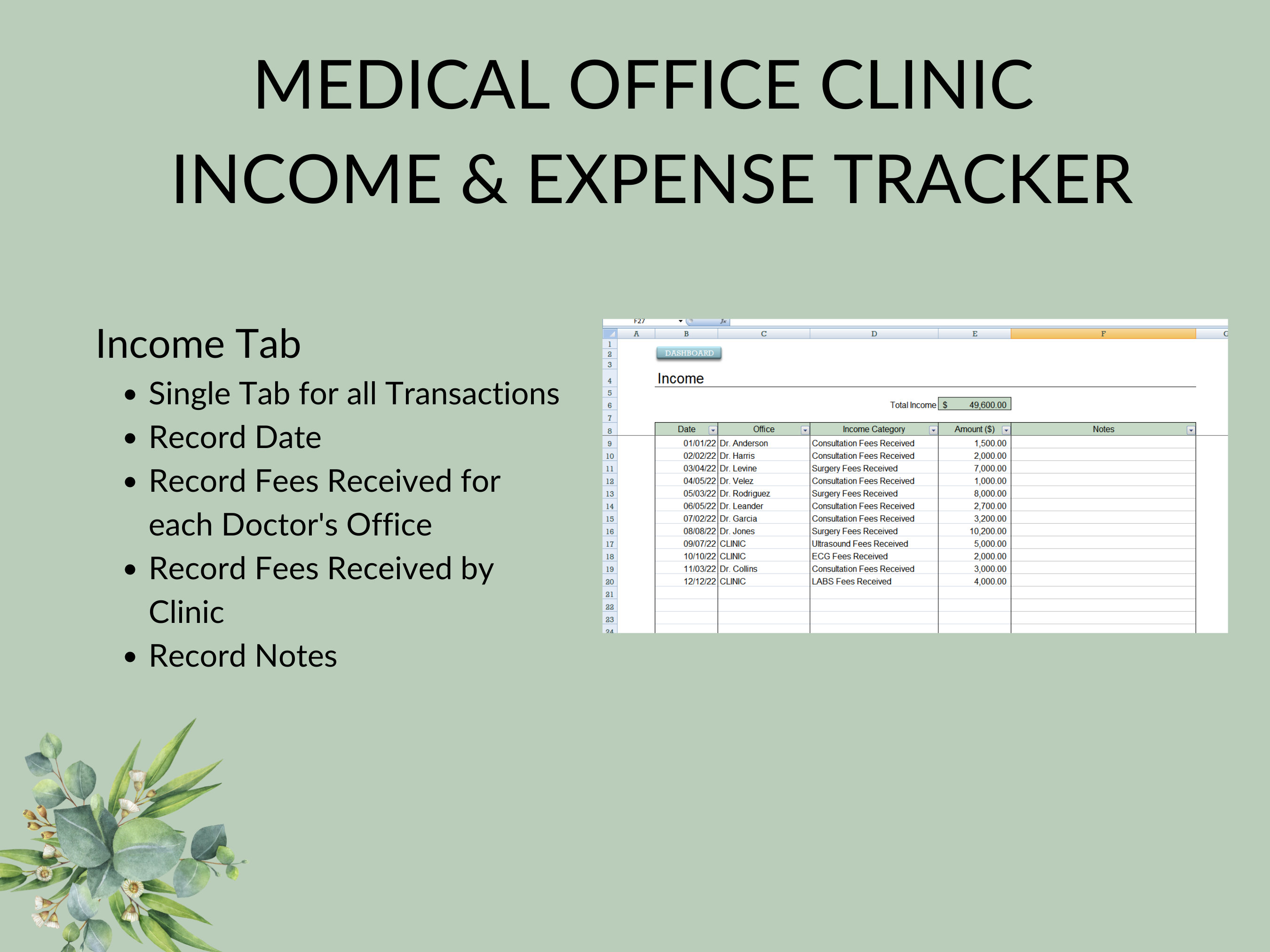 Medical Office Income Expense Tracker: Clinic Accounting Spreadsheet ...