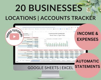 Multiple Business Accounting Spreadsheet: Income & Expense Tracker (Excel, Google Sheets) | Track 20 Businesses, Locations, Accounts