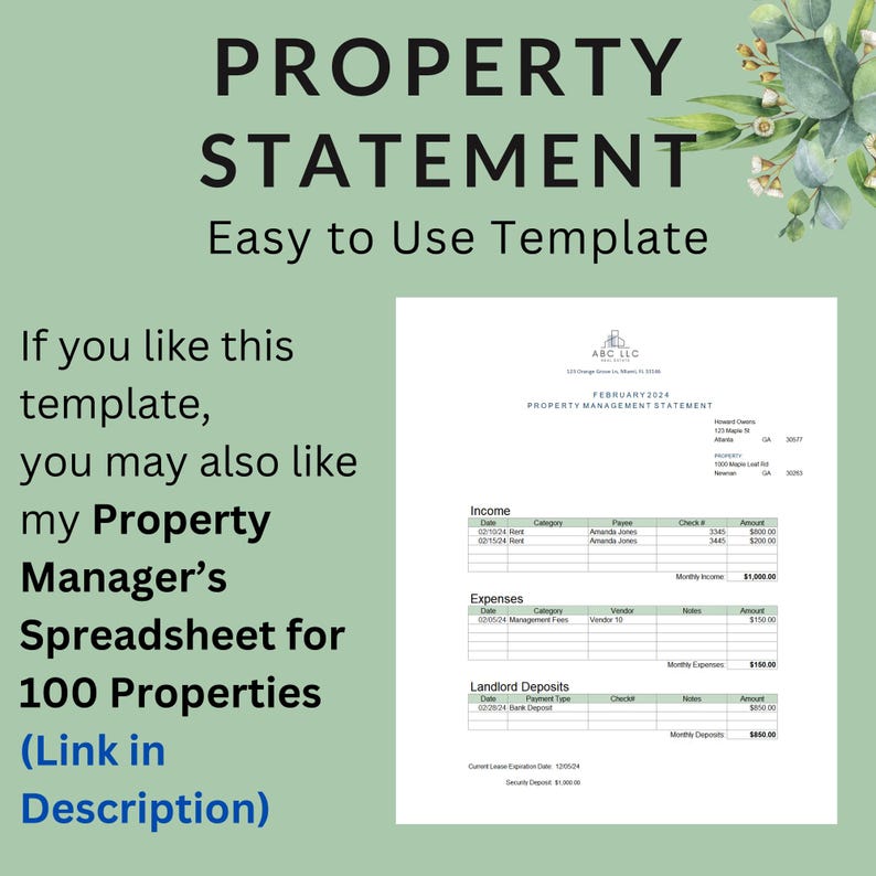 May include: A printable property management statement template for February 2024. The template includes sections for income, expenses, and landlord deposits. The text "ABC LLC" is at the top of the page.