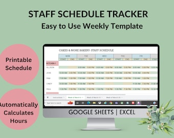 Weekly Employee Schedule Tracker | Printable Staff Work Schedule Shift Planning Staffing planner Hours Worked | Google Sheets Excel Template