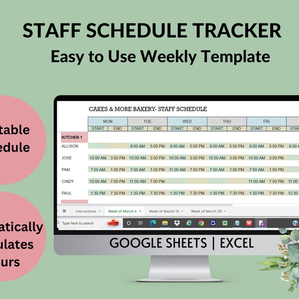 Weekly Employee Schedule Tracker | Printable Staff Work Schedule Shift Planning Staffing planner Hours Worked | Google Sheets Excel Template