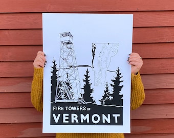 Fire Towers screen print, Vermont's Long Trail, Green Mountains, by MTN GRL Studio