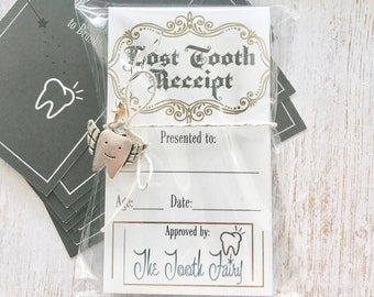 Tooth Fairy Receipt Note Set: 20 mini Shimmery Cards with Star and Tooth Charms