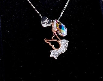 Personalized Easter Peace Necklace Gift - Sterling Silver Dove with Rose Gold Overlay - Heart - Swarovski Crystal - Monogramed