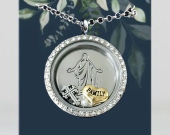 Jesus Communion Baptism Locket Necklace Gift - Personalized 2 Charms and Pearl Color - Christus stamped background plate