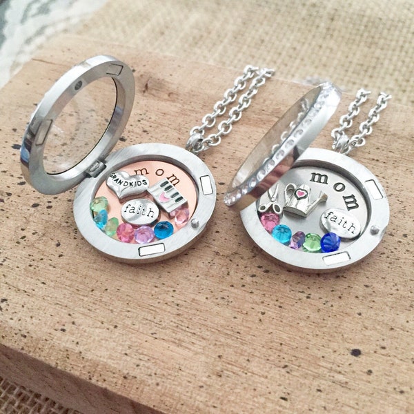 Mother's Day Locket Necklace  - Gift for Mom, Grandma, Birthday, Baby Shower, Wife, personalized - you choose charms, stones, and plate