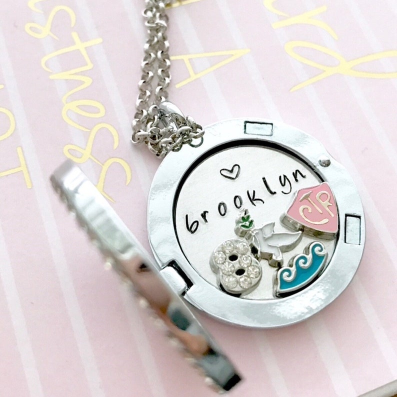 LDS Baptism Locket Necklace Gift Personalized Plate CTR charm dove charm number 8 water wave charm Silver 8 + Pink CTR
