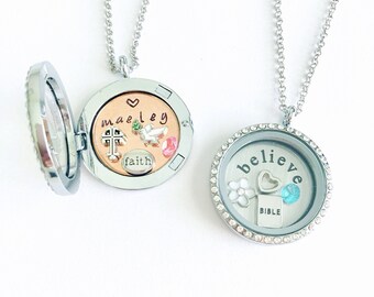 First Communion Baptism Locket Necklace daughter personalized or believe plate charms and stone goddaughter