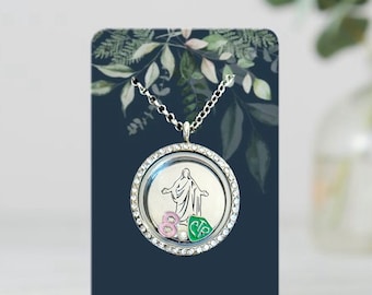 LDS Jesus Baptism Locket Necklace Gift - Personalized 2 Charms and Pearl Color - Christus statue stamped background