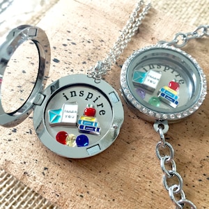 Customized Teacher Locket Necklace: Inspire Plate, Charms & Gemstones - Appreciation Gift