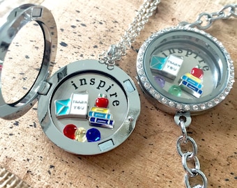 Customized Teacher Locket Necklace: Inspire Plate, Charms & Gemstones - Appreciation Gift