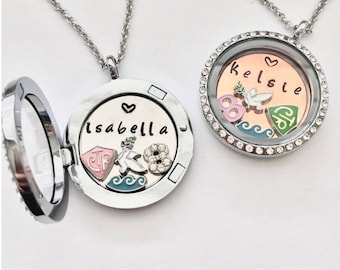 LDS Baptism Locket Necklace Gift  - Personalized Plate - CTR charm - dove charm - number 8 - water wave charm