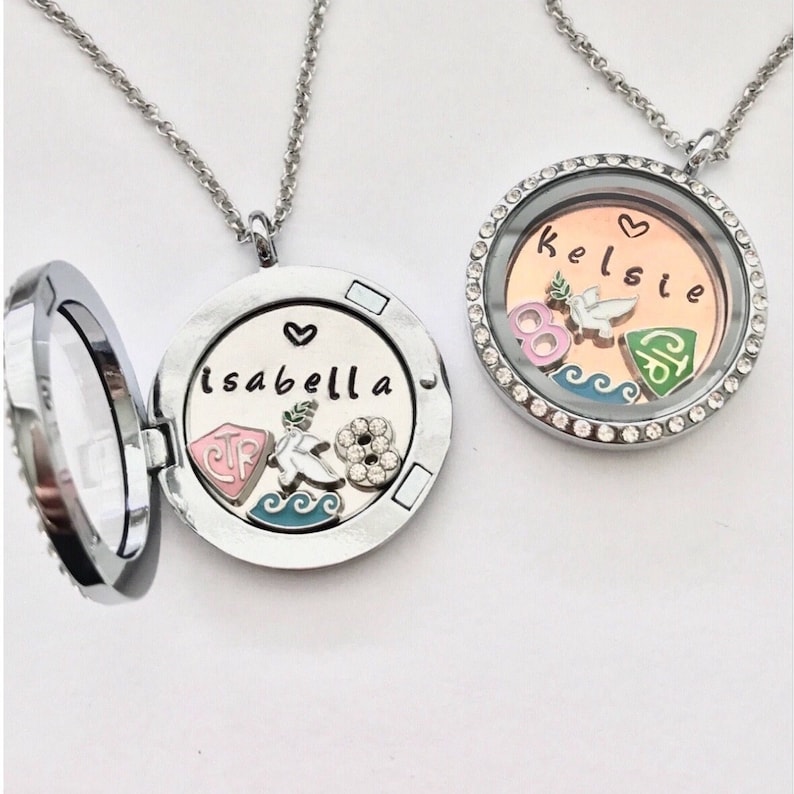 LDS baptism glass locket gift with chain magnetic closure custom name plate CTR charm, dove charm, 8 charm, water wave charm