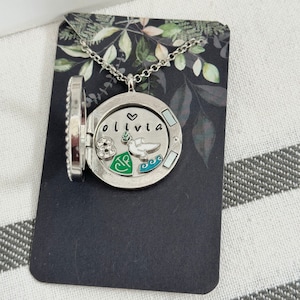 LDS Baptism Locket Necklace Gift Personalized Plate CTR charm dove charm number 8 water wave charm Silver 8 + Green CTR