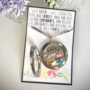 LDS Young Women Theme Locket Necklace: Faith plate, Temple, Family Heart, key Charms - Gem Color Choice