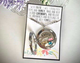 LDS Young Women Theme Locket Necklace: Faith plate, Temple, Family Heart, key Charms - Gem Color Choice