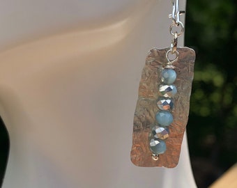 Hammered Sterling Silver mixed Metals Earrings with Sky Blue Faceted Glass Beads