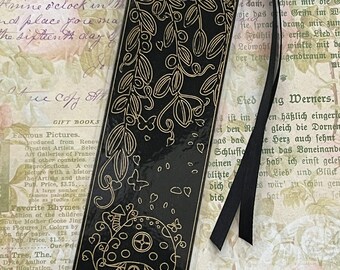 Laminated bookmark in black and with gold foil - Mystical Mushroom in a Forest