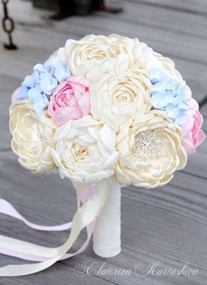 ivory Polymer clay bouquet hydrangea pink Unique Fabric Flower Bridal Bouquet Wedding Brooch bouquet blue peony