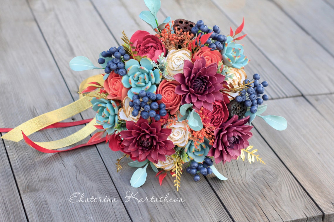 Fall Wedding Bouquet Clay Flowers Succulent Dahlia Autumn Etsy