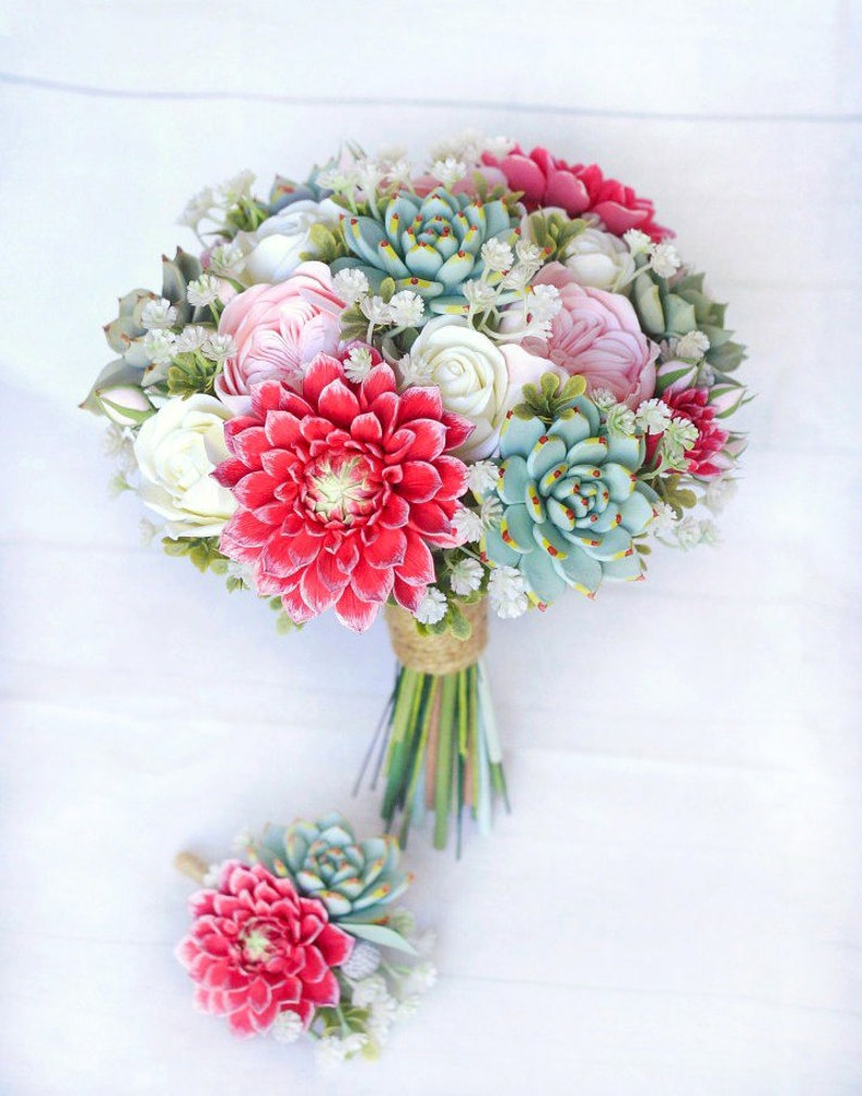 Succulent Wedding Bouquet pink Clay flowers dahlia bouquet Etsy