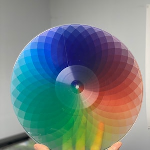 以下が含まれることがあります： 虹色のグラデーションデザインが施された透明なビニールレコード。色は円形に配置されており、青から始まり、緑、黄色、オレンジ、赤へと移り変わります。