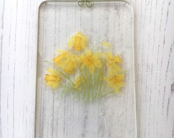 Yellow Daffodil Suncatcher ~ Fused Glass Floral Scene ~ Gift for Friend ~ Unique Home Decor Flower Garden Scene ~ Spring Summer