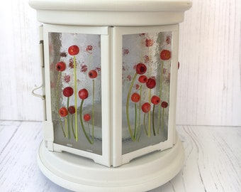 Poppy Floral Fused Glass Lantern ~ Red Flowers ~ Garden Decor ~ Unique Special Gift ~ Candle Holder ~ Bright Home Decoration